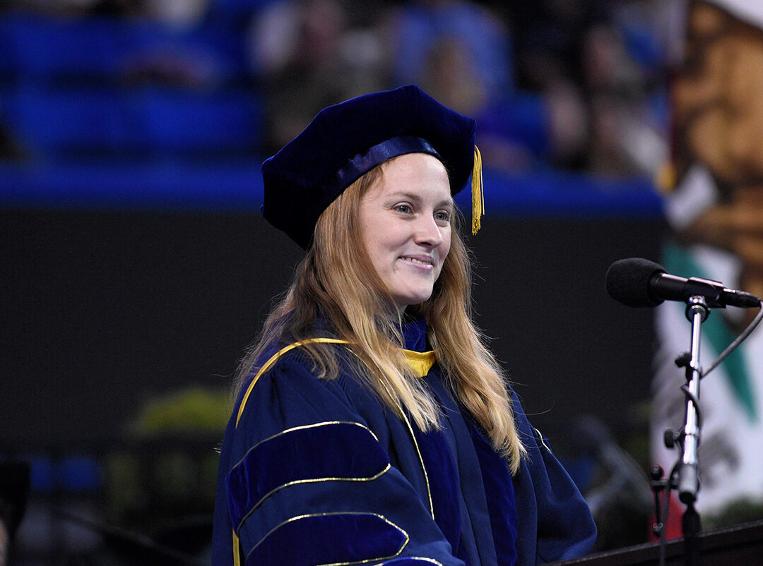 McKenna Davis delivering the graduate student commencement speech